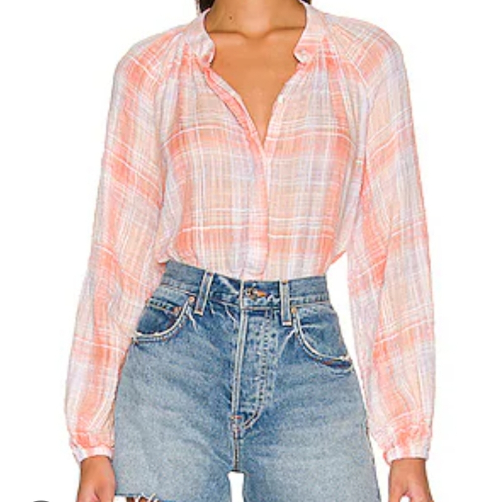 Cloth & Stone Long Sleeve Shirred Raglan Shirt in Coral Plaid US M